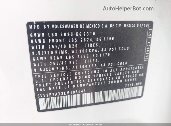 3VV2B7AX3LM106646 2020 VOLKSWAGEN TIGUAN White ძრავის განყოფილების ხედი