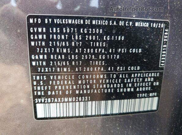 3VV2B7AX3MM026331 2021 VOLKSWAGEN TIGUAN Gray VIN კოდის სტიკერის ხედი