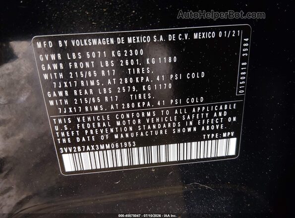 3VV2B7AX3MM061953 2021 VOLKSWAGEN TIGUAN Black Vista del compartimento del motor
