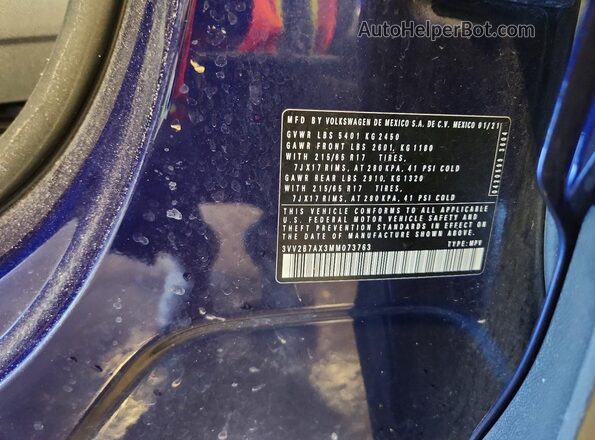 3VV2B7AX3MM073763 2021 VOLKSWAGEN TIGUAN Blue Vista del compartimento del motor