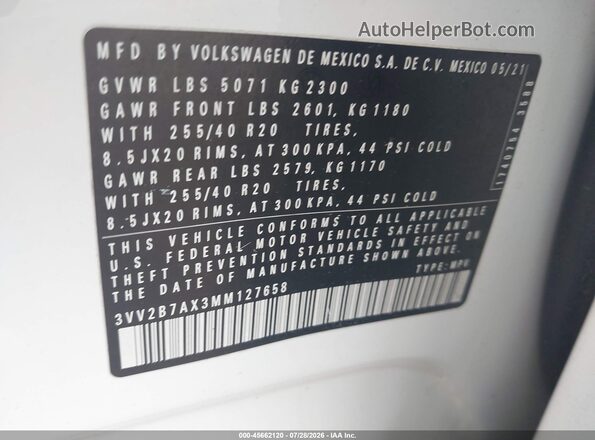 3VV2B7AX3MM127658 2021 VOLKSWAGEN TIGUAN White Vista del compartimento del motor