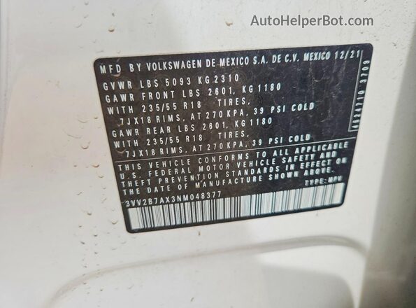 3VV2B7AX3NM048377 2022 VOLKSWAGEN TIGUAN White ძრავის განყოფილების ხედი