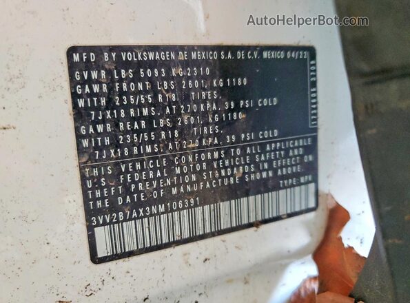 3VV2B7AX3NM106391 2022 VOLKSWAGEN TIGUAN Белый Вид наклейки с VIN-кодом