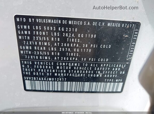 3VV2B7AX4JM012417 2018 VOLKSWAGEN TIGUAN Белый Вид подкапотного пространства