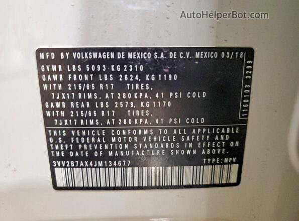 3VV2B7AX4JM134677 2018 VOLKSWAGEN TIGUAN White Панорамний вид салону 360°