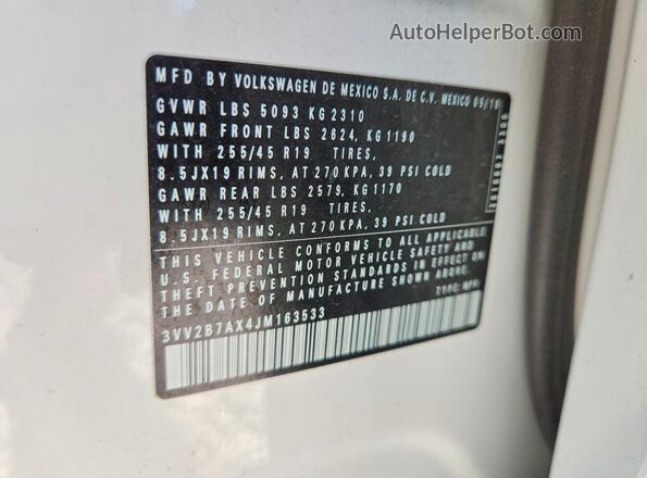3VV2B7AX4JM163533 2018 VOLKSWAGEN TIGUAN White Widok naklejki z numerem VIN