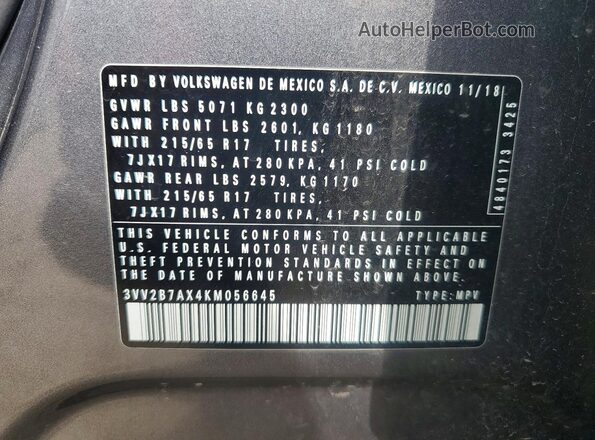 3VV2B7AX4KM056645 2019 VOLKSWAGEN TIGUAN Gray VIN კოდის სტიკერის ხედი
