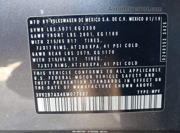 3VV2B7AX4KM077687 2019 VOLKSWAGEN TIGUAN Gray Engine compartment view