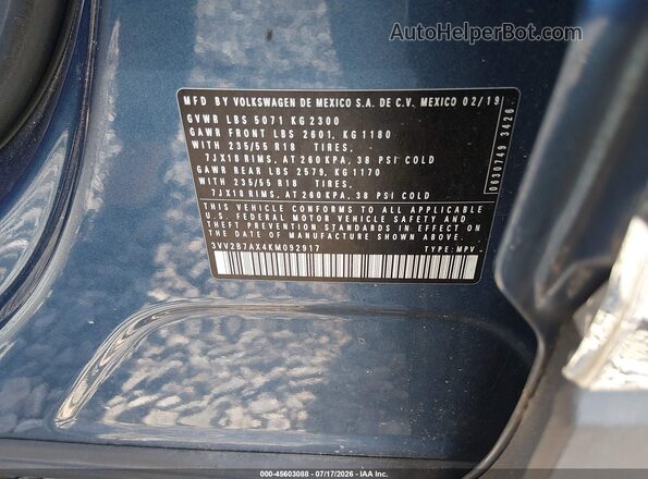 3VV2B7AX4KM092917 2019 VOLKSWAGEN TIGUAN Blue Vista del compartimento del motor