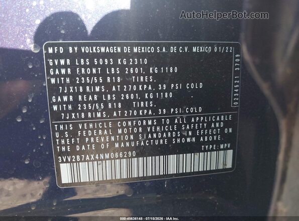 3VV2B7AX4NM066290 2022 VOLKSWAGEN TIGUAN Blue Engine compartment view