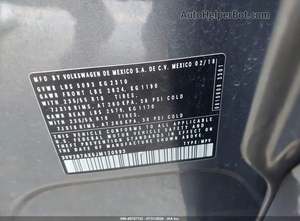 3VV2B7AX5JM120593 2018 VOLKSWAGEN TIGUAN Gray Շարժիչի բաժամունքի տեսք