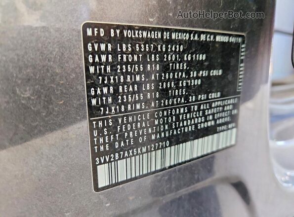 3VV2B7AX5KM127710 2019 VOLKSWAGEN TIGUAN Gray VIN sticker view