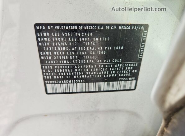 3VV2B7AX5KM133913 2019 VOLKSWAGEN TIGUAN White Widok komory silnika