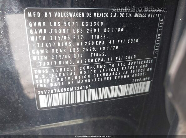 3VV2B7AX5KM134169 2019 VOLKSWAGEN TIGUAN Black ძრავის განყოფილების ხედი