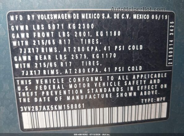 3VV2B7AX5KM158861 2019 VOLKSWAGEN TIGUAN Light Blue Вид подкапотного пространства