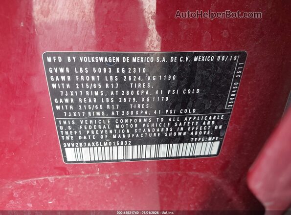 3VV2B7AX5LM015832 2020 VOLKSWAGEN TIGUAN Red Вид підкапотного простору