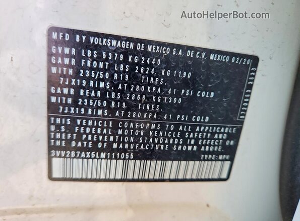 3VV2B7AX5LM111055 2020 VOLKSWAGEN TIGUAN White Vista del compartimento del motor