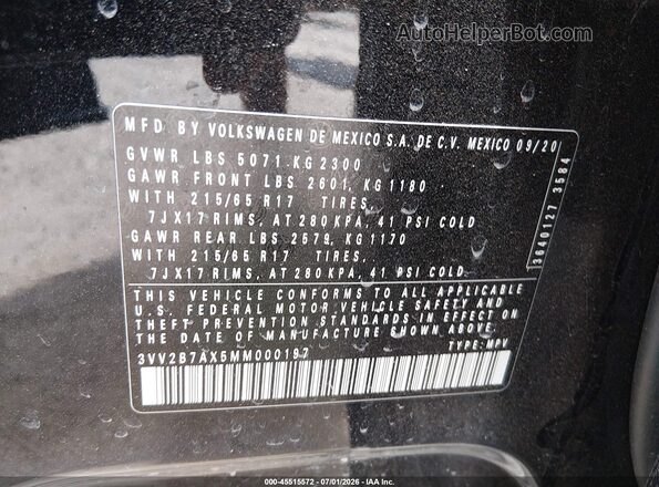 3VV2B7AX5MM000197 2021 VOLKSWAGEN TIGUAN Black Вид підкапотного простору