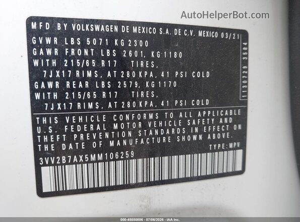 3VV2B7AX5MM106259 2021 VOLKSWAGEN TIGUAN White ძრავის განყოფილების ხედი