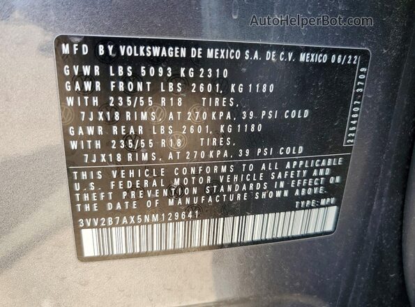 3VV2B7AX5NM129641 2022 VOLKSWAGEN TIGUAN Gray Вид наклейки з VIN-кодом