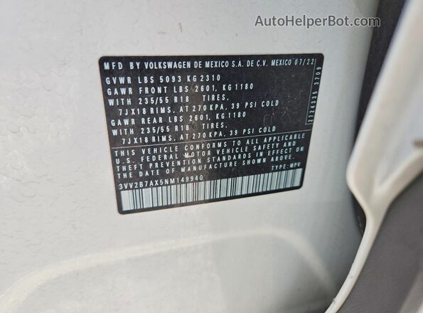 3VV2B7AX5NM149940 2022 VOLKSWAGEN TIGUAN Белый Панорамный вид салона 360°