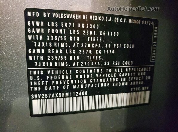 3VV2B7AX5RM112408 2024 VOLKSWAGEN TIGUAN Серый Вид наклейки с VIN-кодом