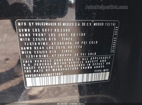 3VV2B7AX6KM071891 2019 VOLKSWAGEN TIGUAN Black Engine compartment view