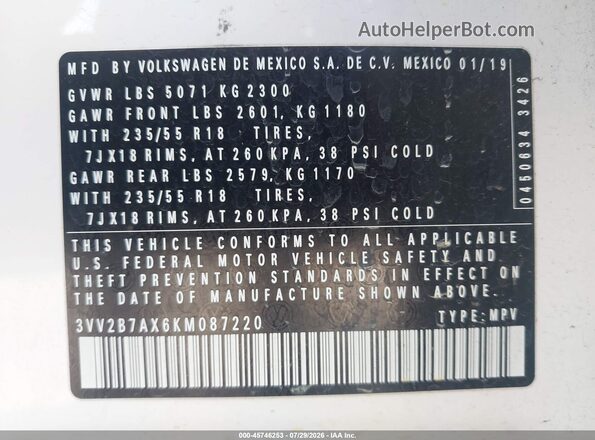 3VV2B7AX6KM087220 2019 VOLKSWAGEN TIGUAN White Widok komory silnika