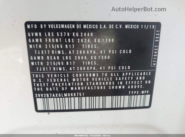 3VV2B7AX6LM068751 2020 VOLKSWAGEN TIGUAN White ძრავის განყოფილების ხედი