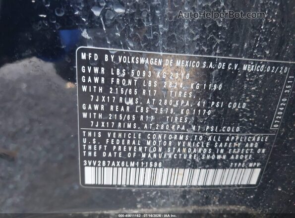 3VV2B7AX6LM111596 2020 VOLKSWAGEN TIGUAN Черный Вид подкапотного пространства