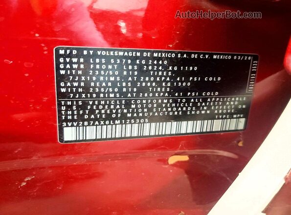 3VV2B7AX6LM125305 2020 VOLKSWAGEN TIGUAN Red Панорамний вид салону 360°