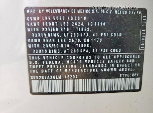 3VV2B7AX6LM146204 2020 VOLKSWAGEN TIGUAN White VIN კოდის სტიკერის ხედი