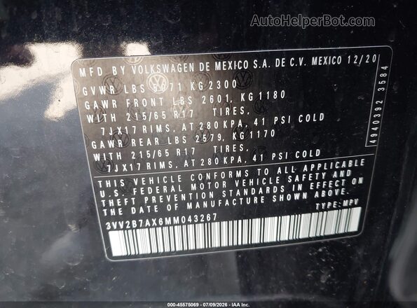 3VV2B7AX6MM043267 2021 VOLKSWAGEN TIGUAN Black Engine compartment view