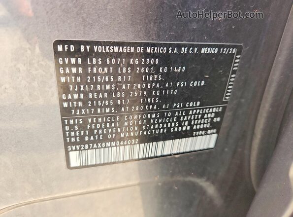 3VV2B7AX6MM044032 2021 VOLKSWAGEN TIGUAN Gray სალონის 360-გრადუსიანი ხედი