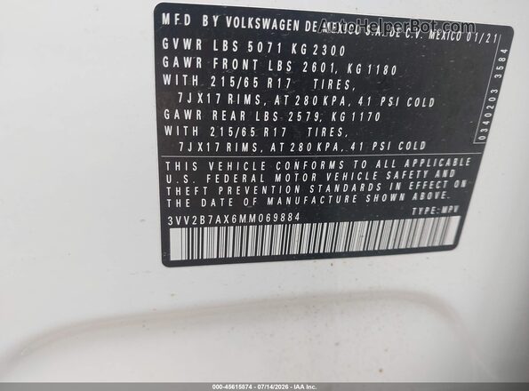 3VV2B7AX6MM069884 2021 VOLKSWAGEN TIGUAN White ძრავის განყოფილების ხედი