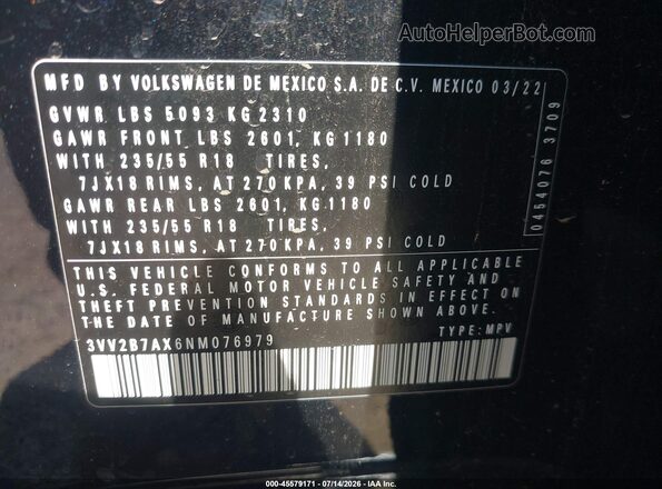 3VV2B7AX6NM076979 2022 VOLKSWAGEN TIGUAN Black Vista del compartimento del motor