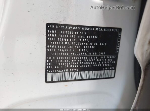 3VV2B7AX6NM177259 2022 VOLKSWAGEN TIGUAN White ძრავის განყოფილების ხედი