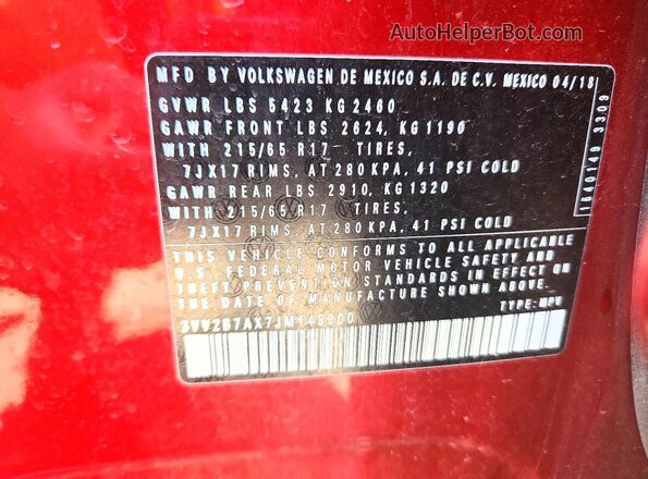 3VV2B7AX7JM148900 2018 VOLKSWAGEN TIGUAN Red Vista de la etiqueta del VIN
