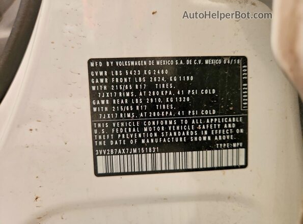 3VV2B7AX7JM151831 2018 VOLKSWAGEN TIGUAN White VIN კოდის სტიკერის ხედი