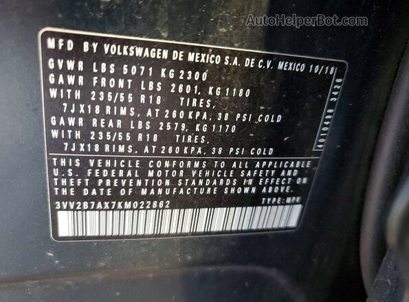 3VV2B7AX7KM022862 2019 VOLKSWAGEN TIGUAN Green Widok naklejki z numerem VIN