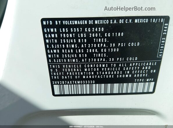 3VV2B7AX7KM033330 2019 VOLKSWAGEN TIGUAN White Вид підкапотного простору