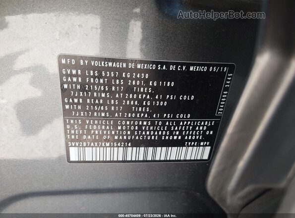3VV2B7AX7KM154214 2019 VOLKSWAGEN TIGUAN Gray Engine compartment view