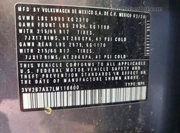 3VV2B7AX7LM116600 2020 VOLKSWAGEN TIGUAN Gray Вид підкапотного простору