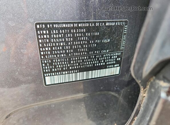3VV2B7AX7MM106361 2021 VOLKSWAGEN TIGUAN Gray VIN კოდის სტიკერის ხედი