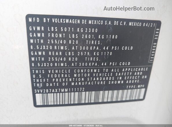3VV2B7AX7MM111172 2021 VOLKSWAGEN TIGUAN White Engine compartment view