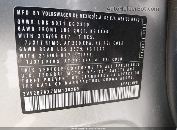 3VV2B7AX7MM130269 2021 VOLKSWAGEN TIGUAN Gray Vista del compartimento del motor