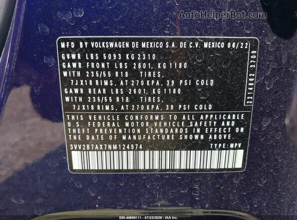 3VV2B7AX7NM124974 2022 VOLKSWAGEN TIGUAN Blue Vista del compartimento del motor
