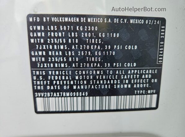 3VV2B7AX7RM098849 2024 VOLKSWAGEN TIGUAN White Vista de la etiqueta del VIN