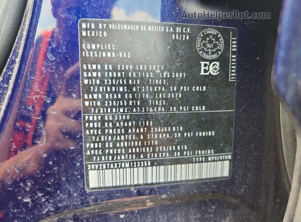 3VV2B7AX7RM122356 2024 VOLKSWAGEN TIGUAN Blue Вид наклейки з VIN-кодом