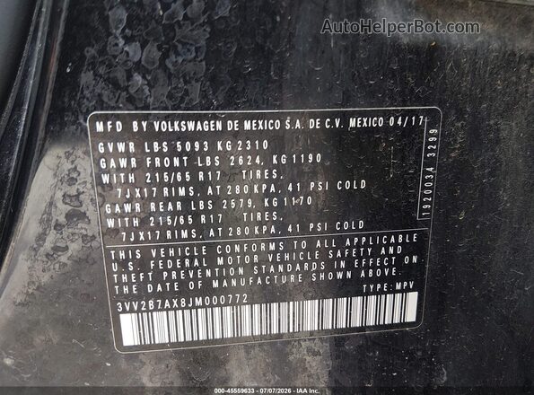 3VV2B7AX8JM000772 2018 VOLKSWAGEN TIGUAN Black ძრავის განყოფილების ხედი